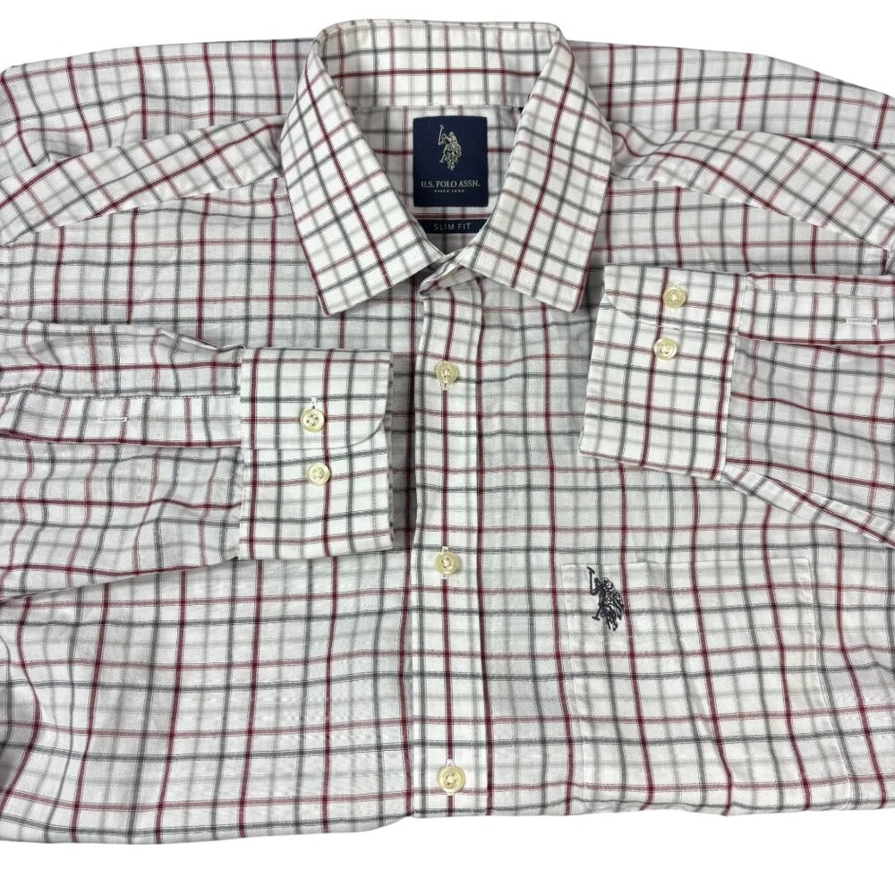 U.S. Polo Assn. Men’s Size 16 -16.5 34/35 Button Down Shirt White Burgundy Plaid